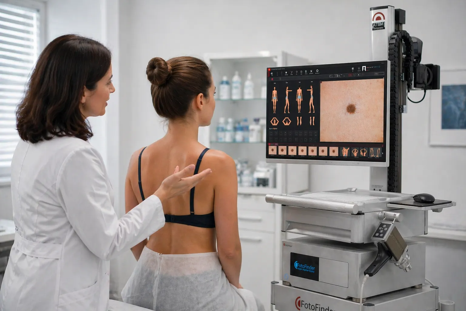 Врач показывает на мониторе результаты обследования кожи, объясняя пациентке выявленные изменения.