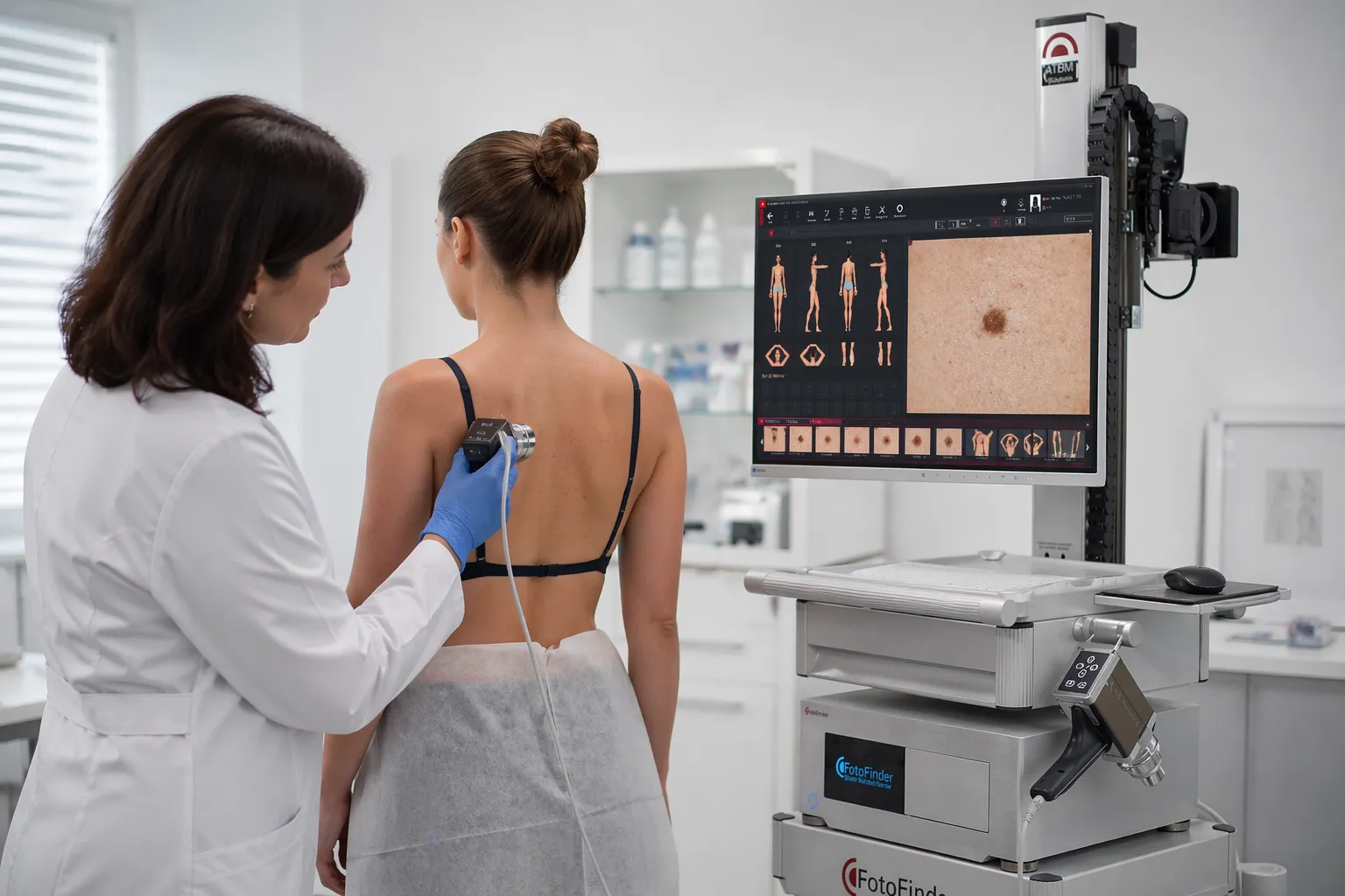 Врач проводит обследование кожи пациентки с помощью диагностического устройства, сканируя поверхность спины.