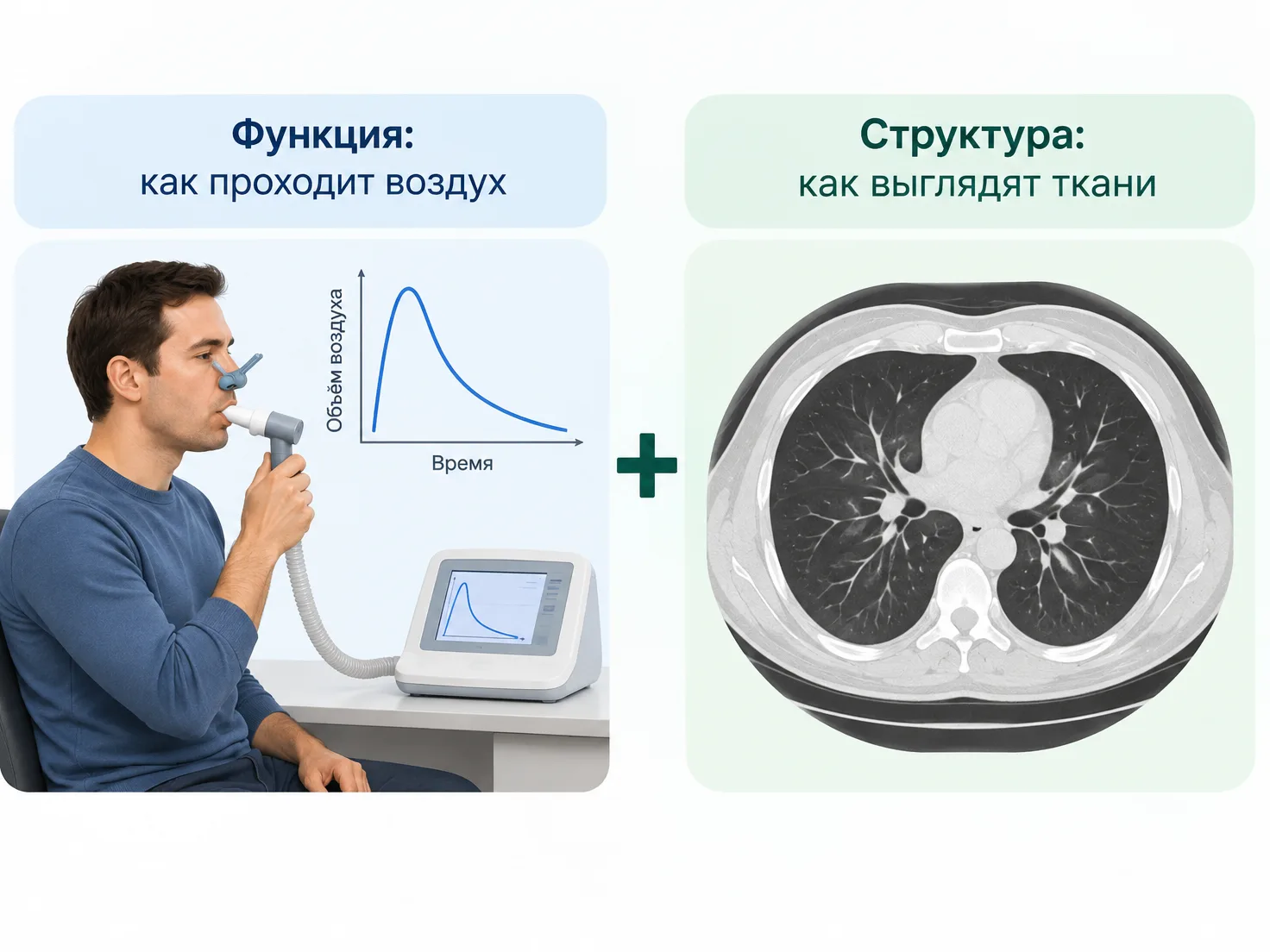 Спирометрия оценивает функцию дыхания, а КТ — структуру тканей