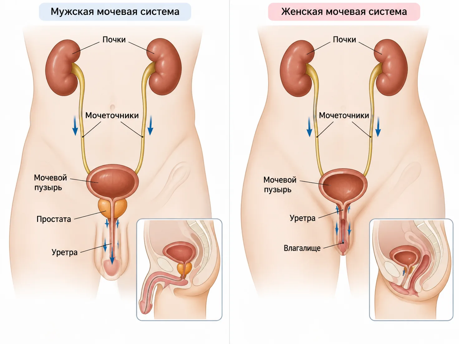 Мочевая система женщины и мужчины и путь оттока мочи